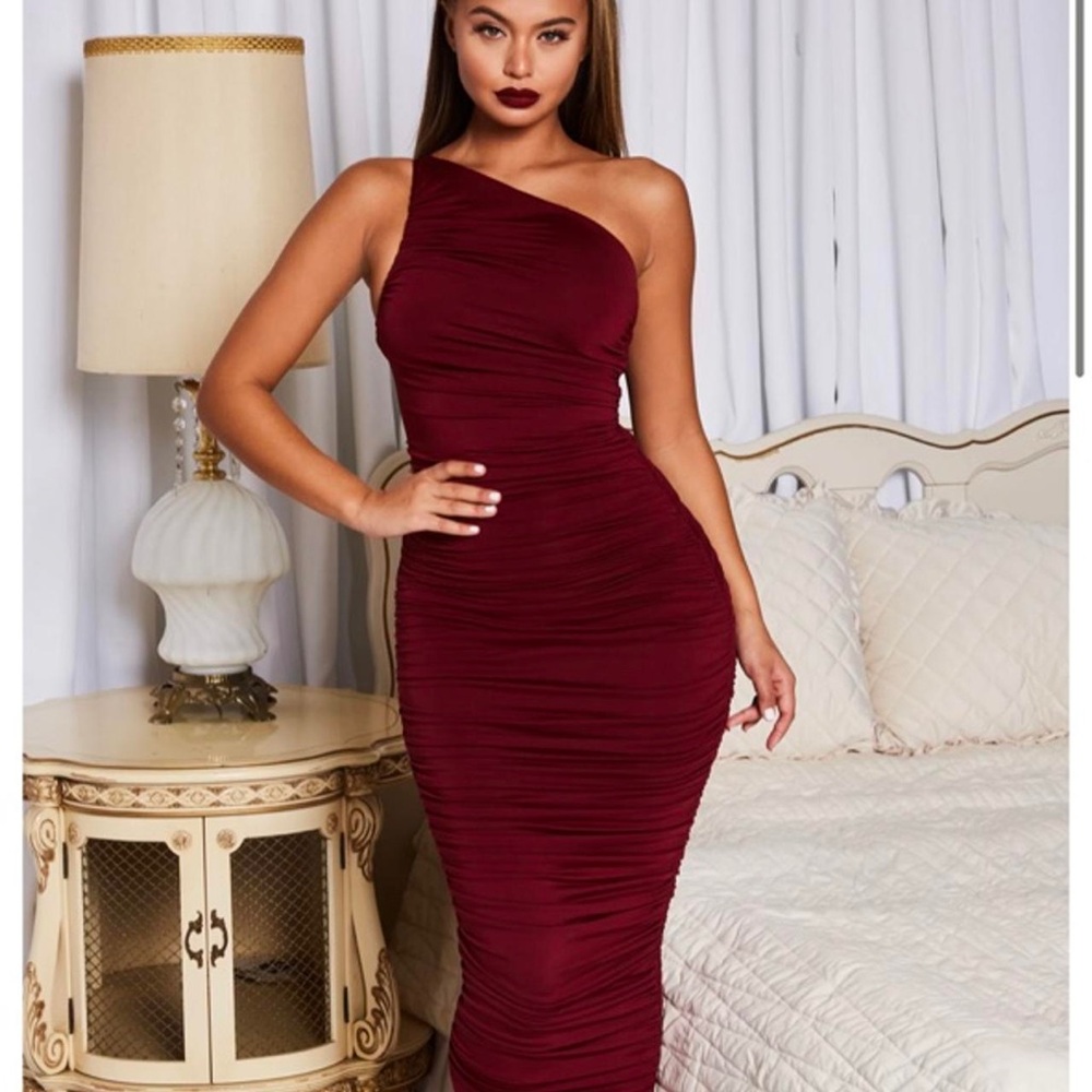Oh Polly One-Shoulder Burgundy Dress